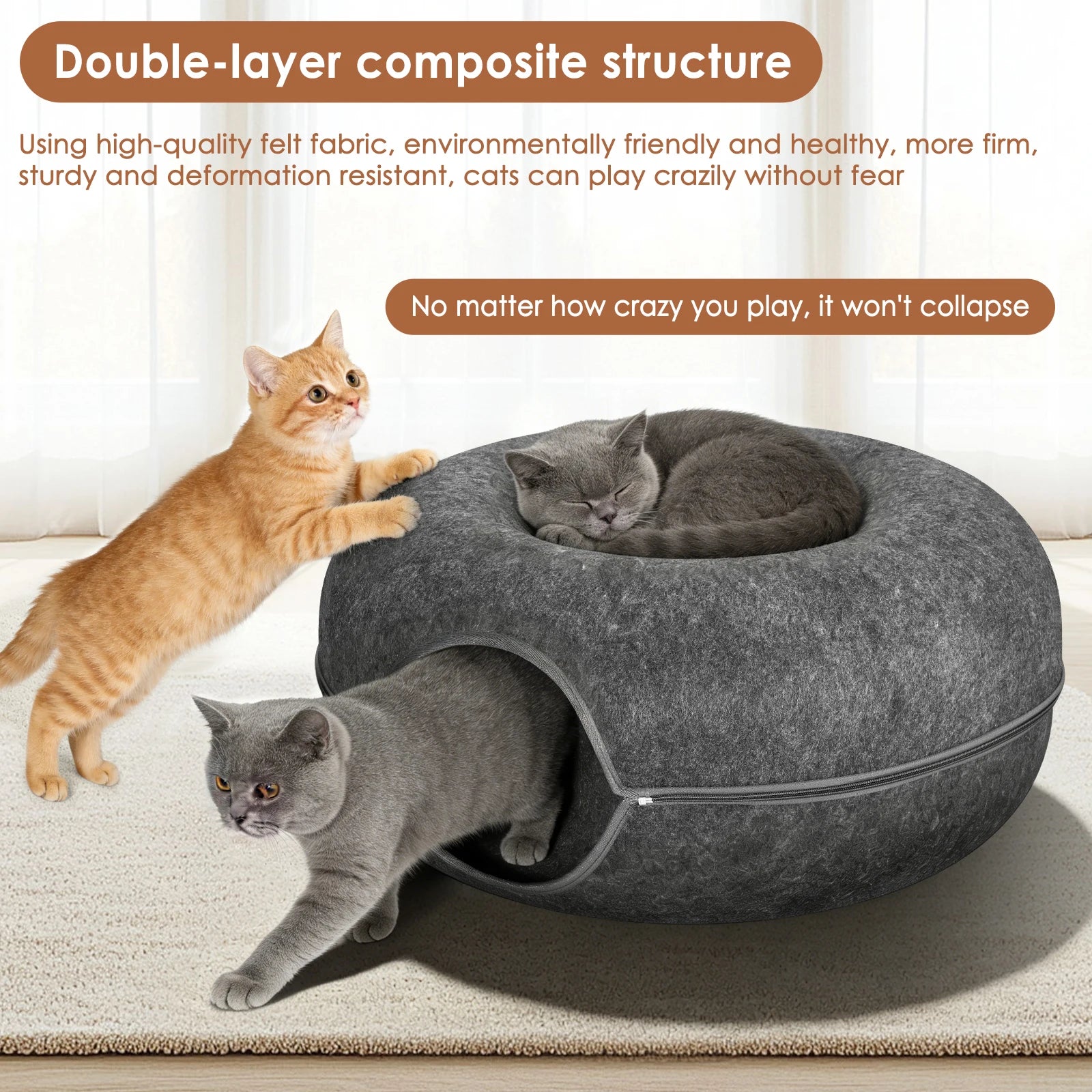 Katzenbett Donut-Tunnel 2-in-1 aus Filz – Schlaf & Spieltunnel für 1–2 Katzen