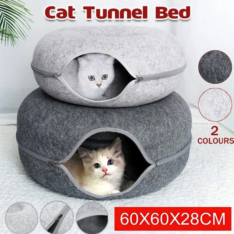 Katzenbett Donut-Tunnel 2-in-1 aus Filz – Schlaf & Spieltunnel für 1–2 Katzen