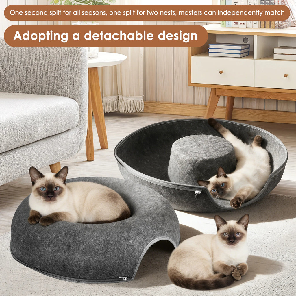 Katzenbett Donut-Tunnel 2-in-1 aus Filz – Schlaf & Spieltunnel für 1–2 Katzen