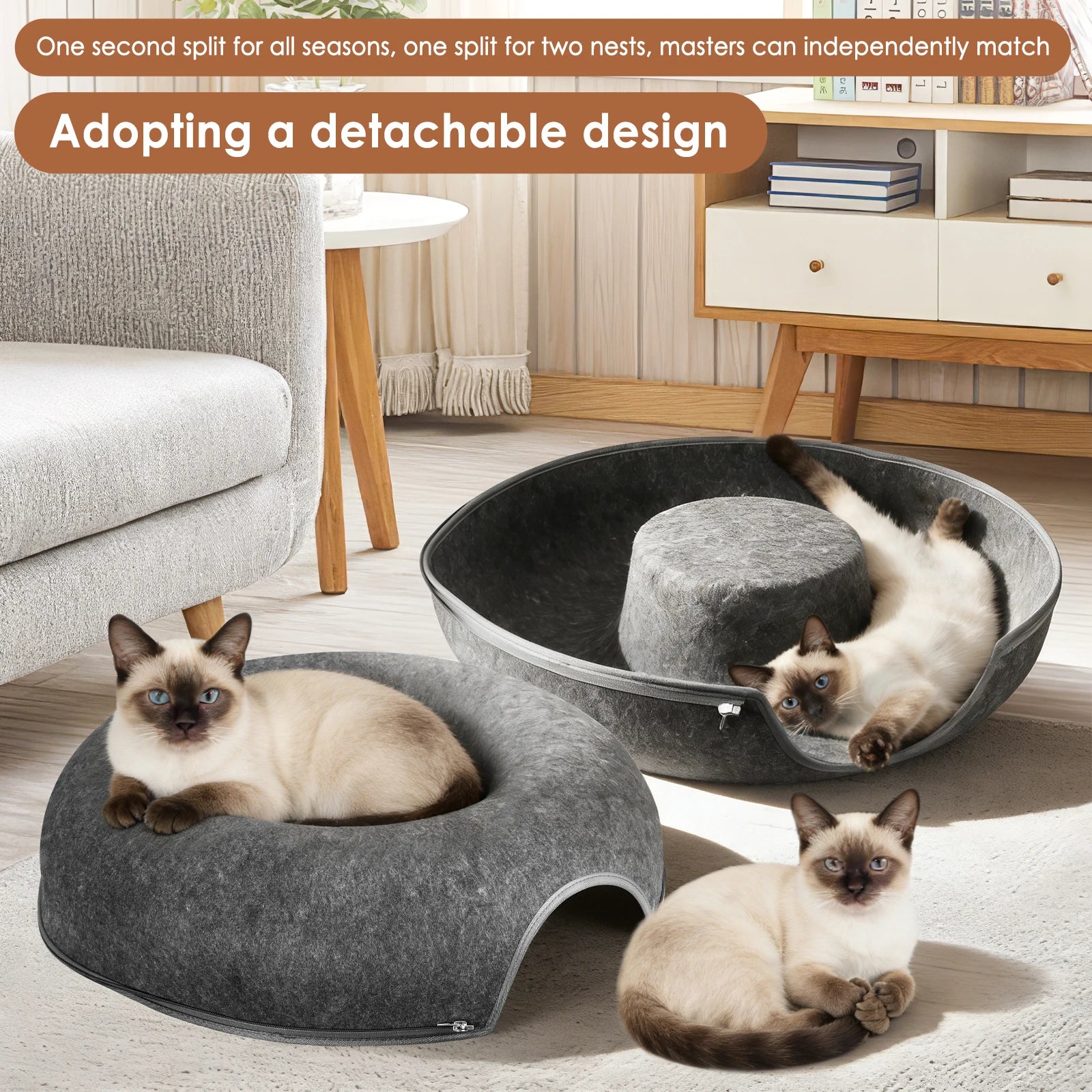 Katzenbett Donut-Tunnel 2-in-1 aus Filz – Schlaf & Spieltunnel für 1–2 Katzen