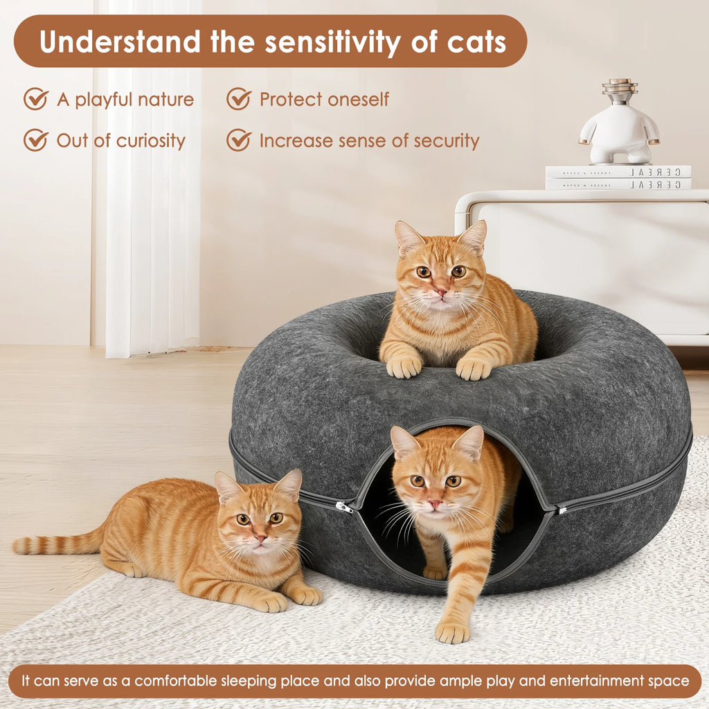 Katzenbett Donut-Tunnel 2-in-1 aus Filz – Schlaf & Spieltunnel für 1–2 Katzen