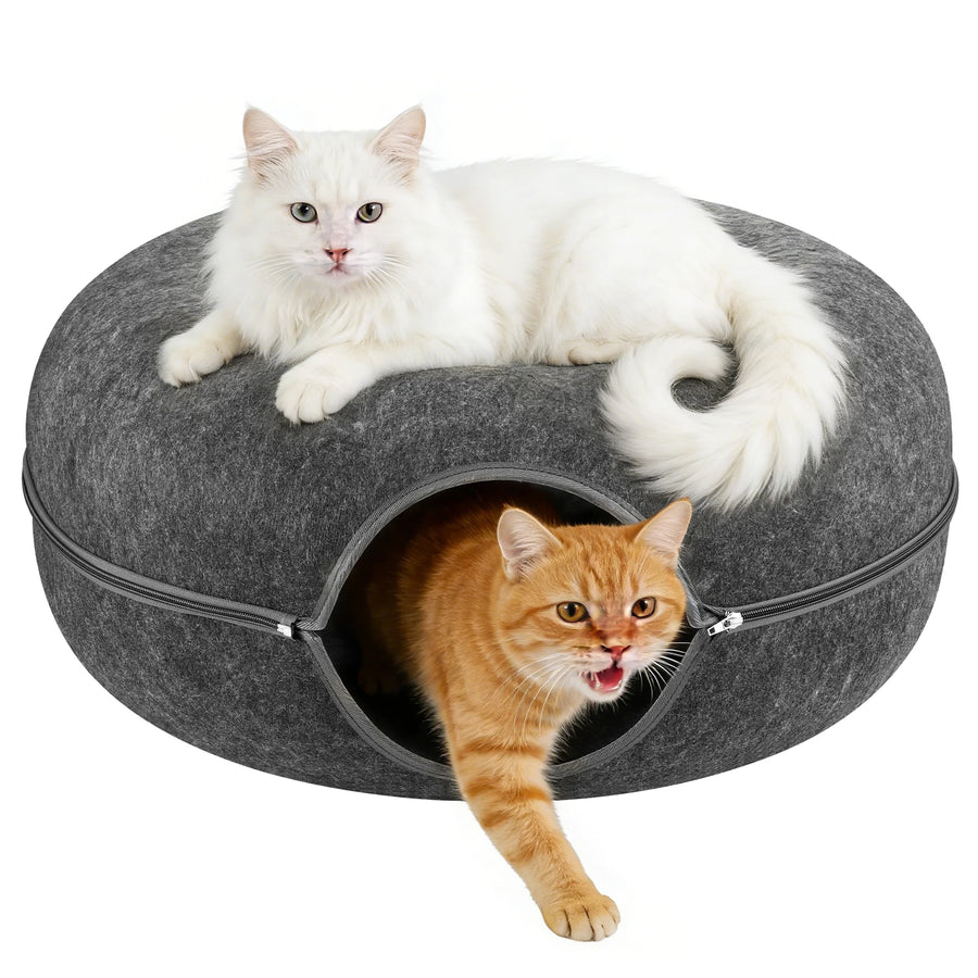 Katzenbett Donut-Tunnel 2-in-1 aus Filz – Schlaf & Spieltunnel für 1–2 Katzen